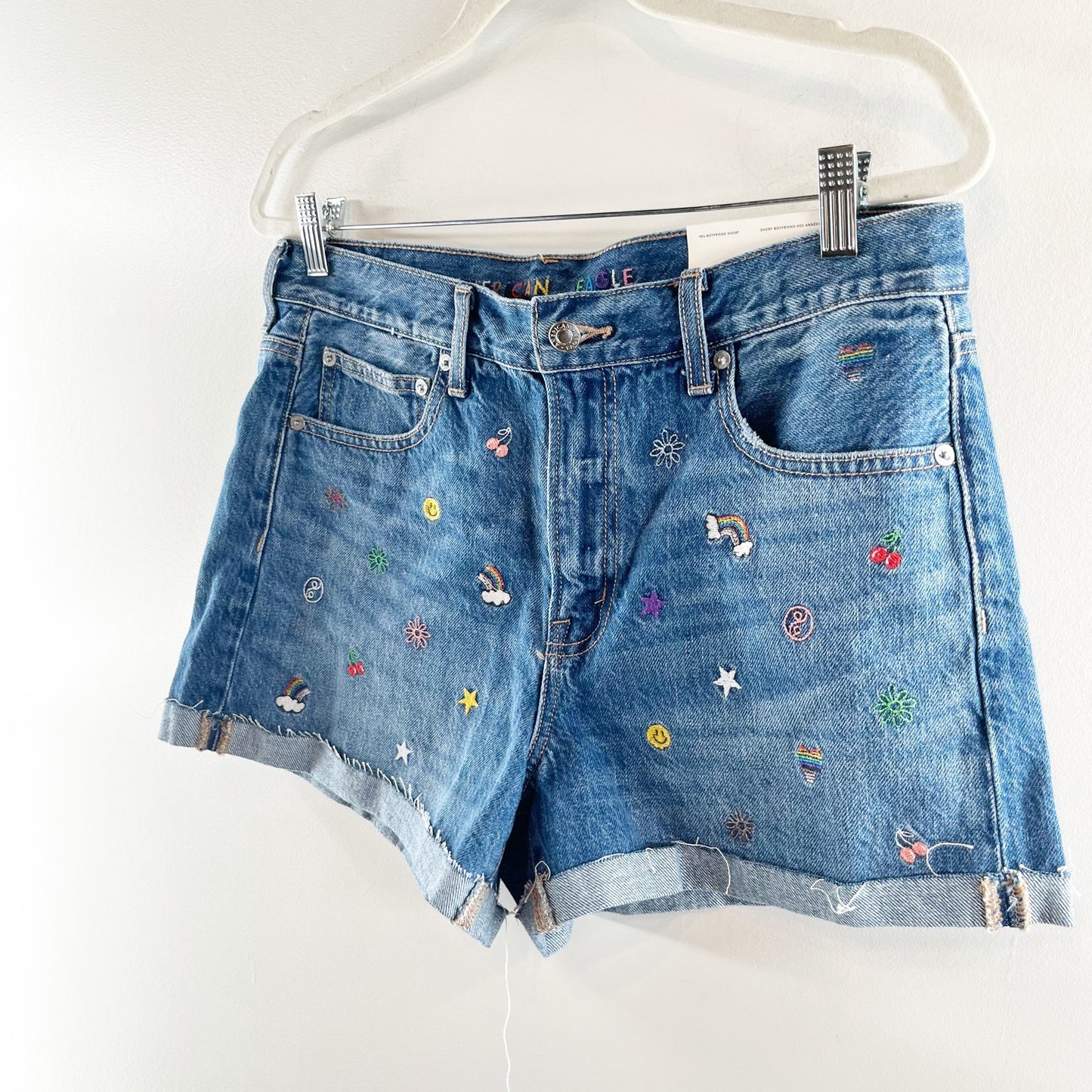 American Eagle Embroidered Cutoff 90's Boyfriend High Rise Jean Shorts Blue 10