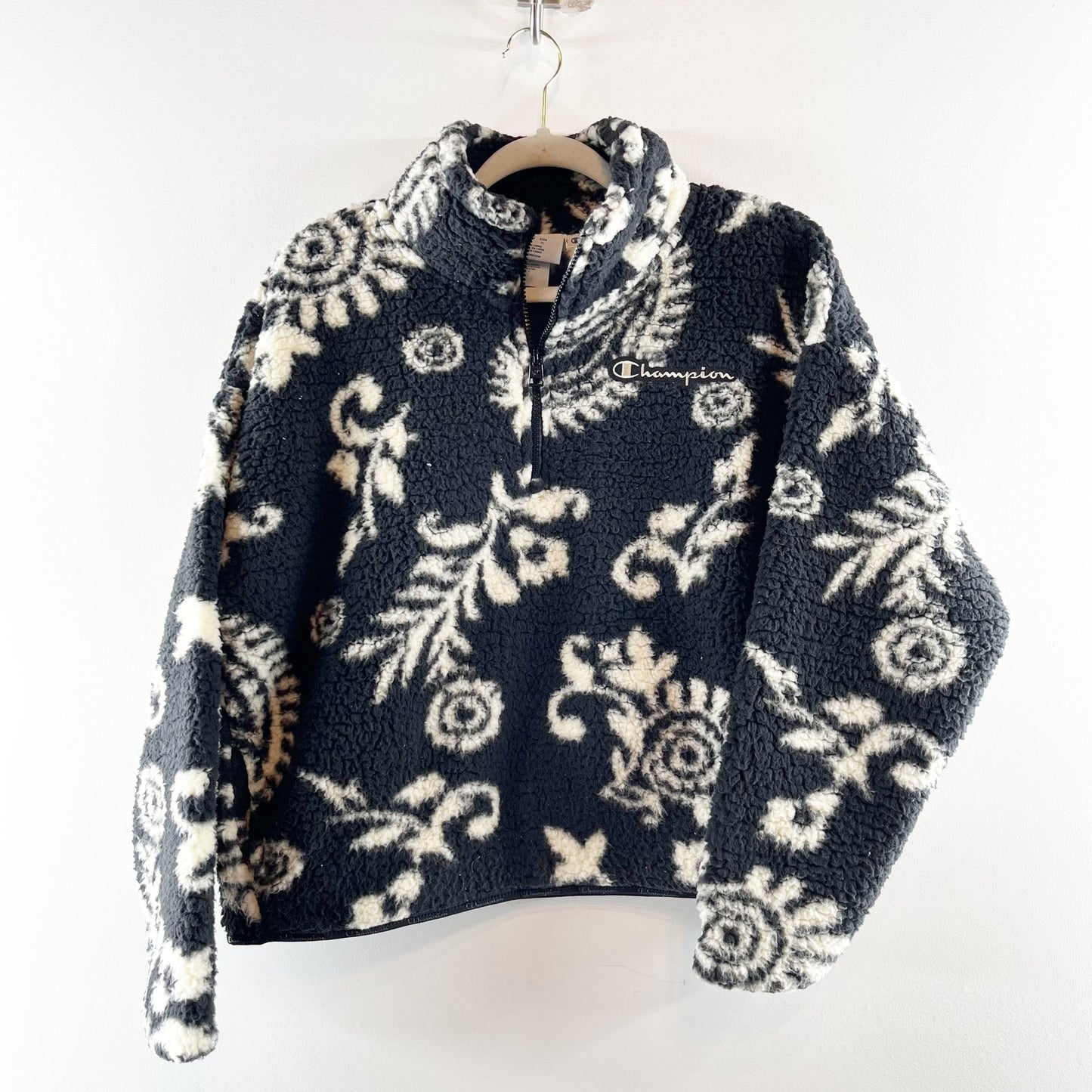 Champion Floral Paisley Quarter Zip Sherpa Fleece Pullover Jacket Black White L