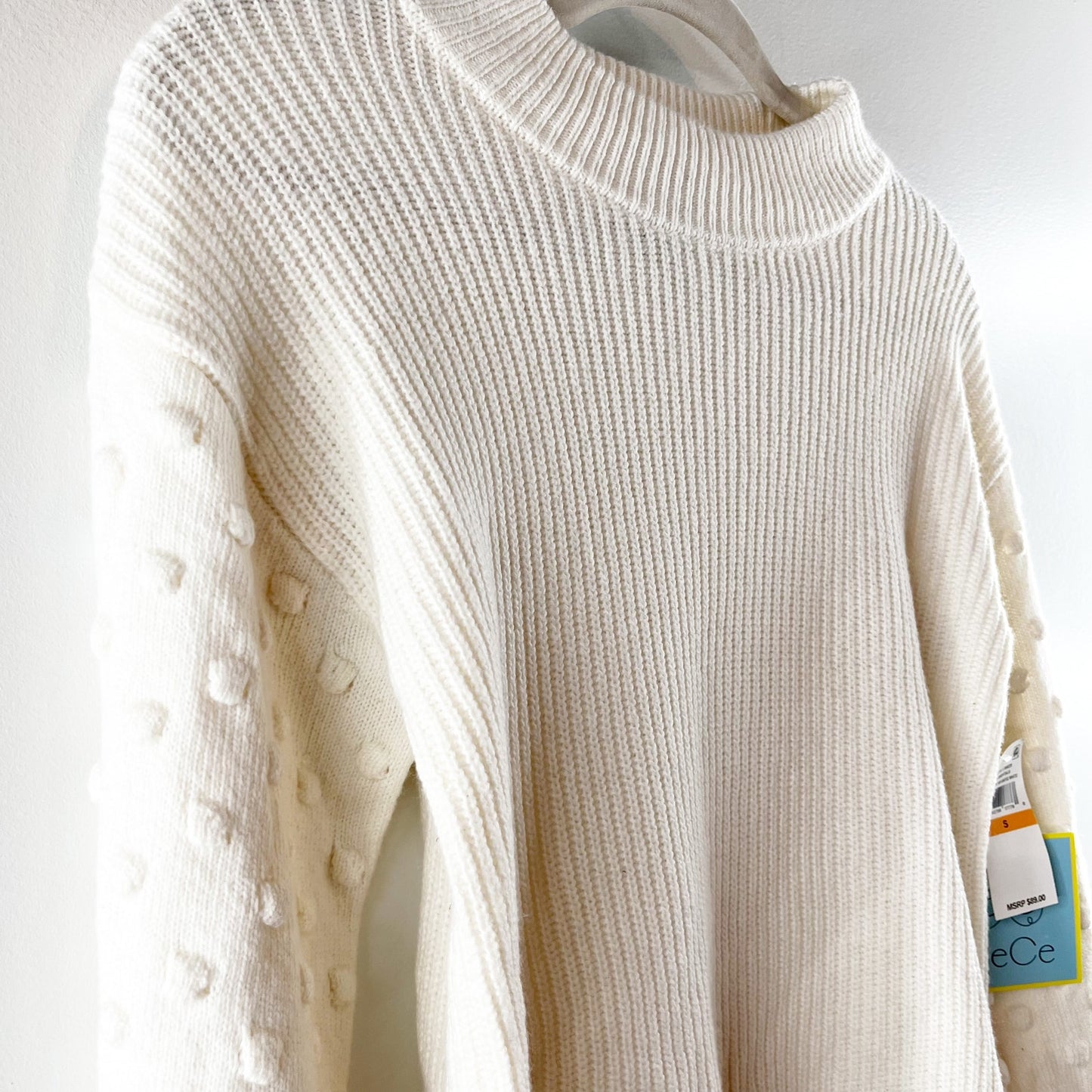 CeCe Puff Sleeve Bubble Ribbed Sweater in Antique White Small