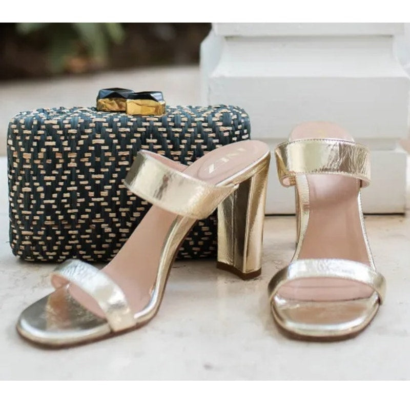 Inez Sara Metallic Leather Slip On Double-Strap Block Heel Sandals Gold 9