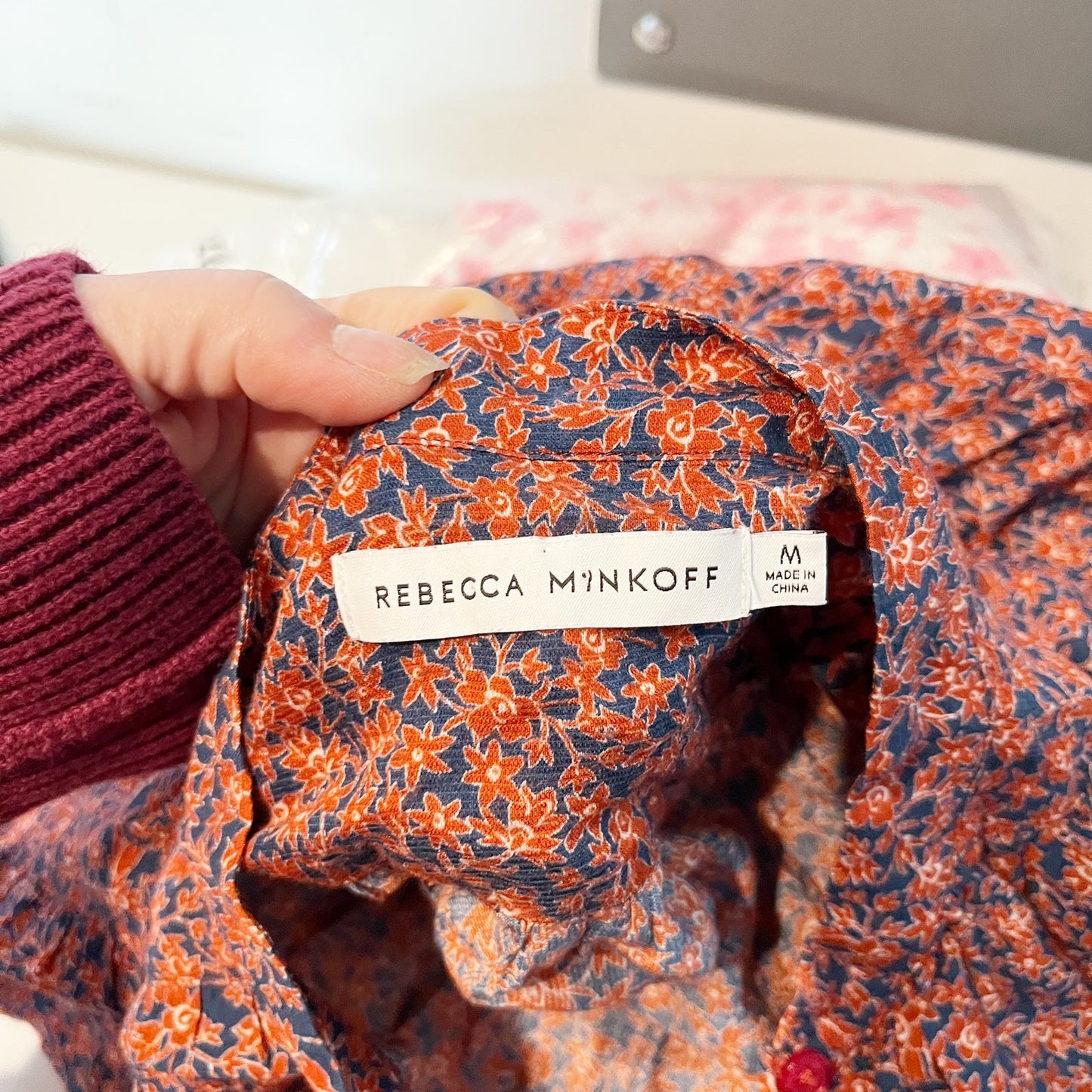 Rebecca Minkoff Chloe Floral 3/4 Sleeve Smocked Waist Mini Dress Maroon Medium