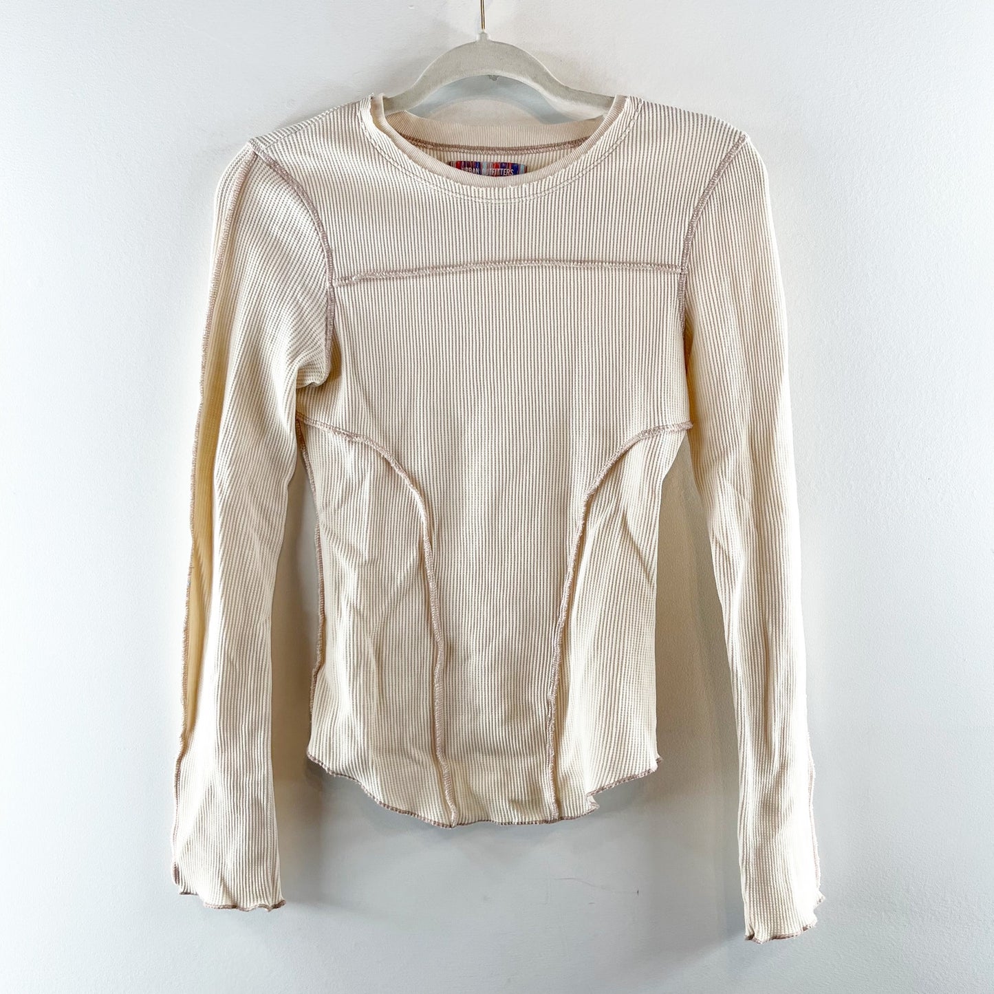 Urban Outfitters Long Sleeve Seamed Thermal Waffle Knit Top Cream Tan Small