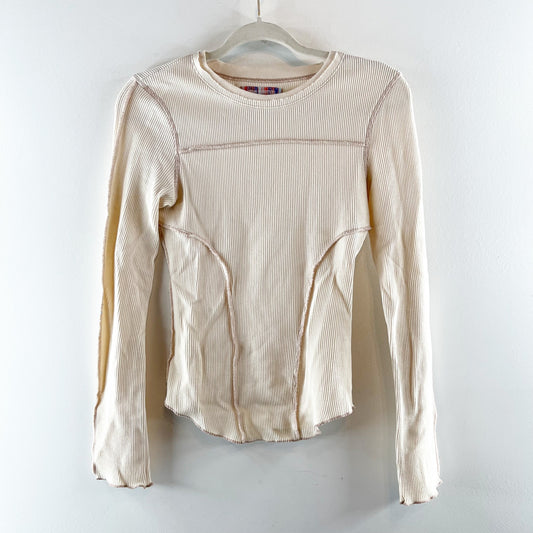 Urban Outfitters Long Sleeve Seamed Thermal Waffle Knit Top Cream Tan Small