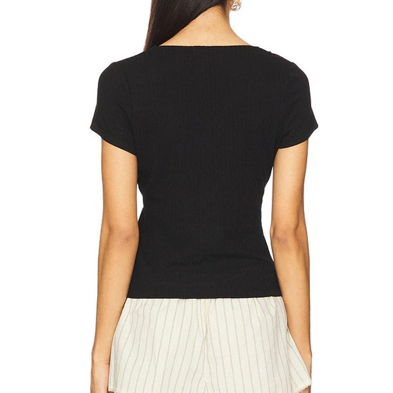 Heartloom Aranelle Lace Trim Short Sleeve V-Neck Blouse Top Black Medium