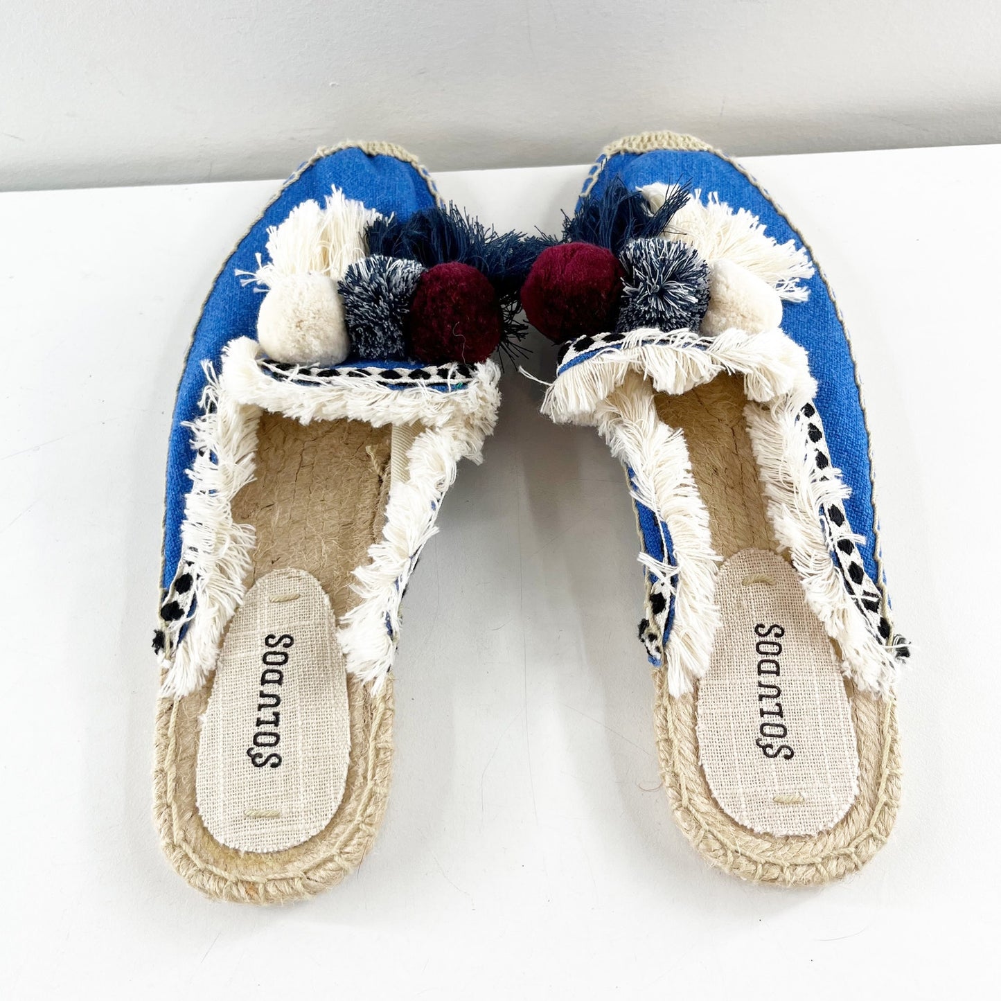 Soludos Coco Pom Pom Espadrille Mule Flats Blue White 8.5