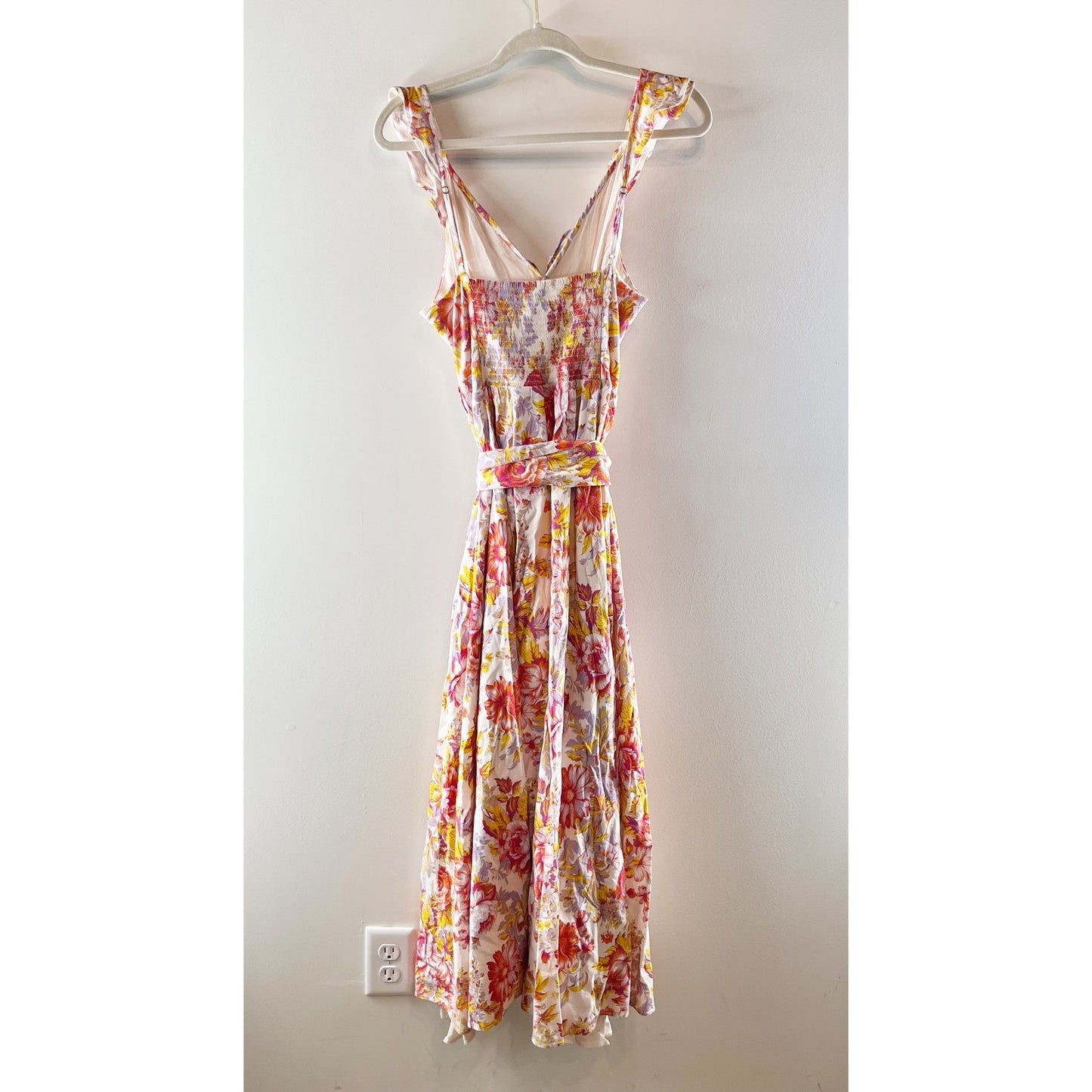 BHLDN Anthropologie Sadie V-Neck Fit & Flare Linen Floral Midi Dress Pink Medium