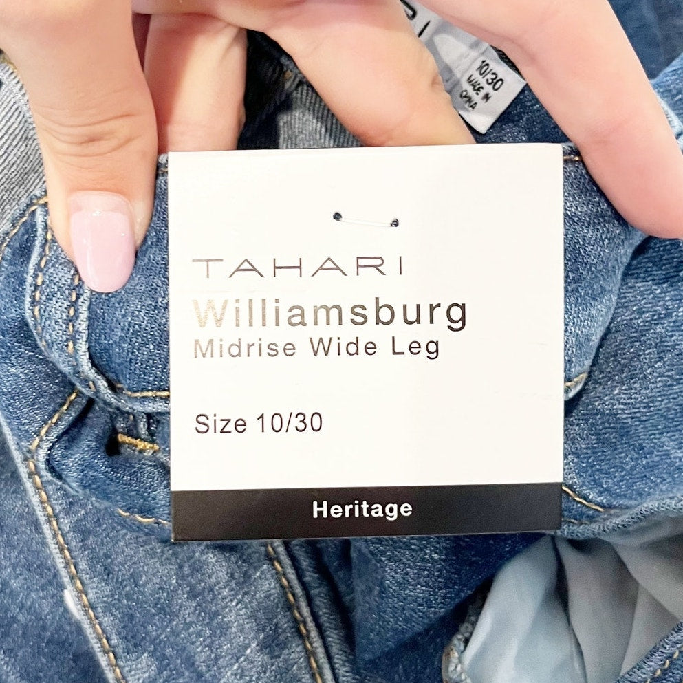 Tahari Heritage Williamsburg Mid-Rise Drawstring Wide Leg Jeans Blue 10 / 30