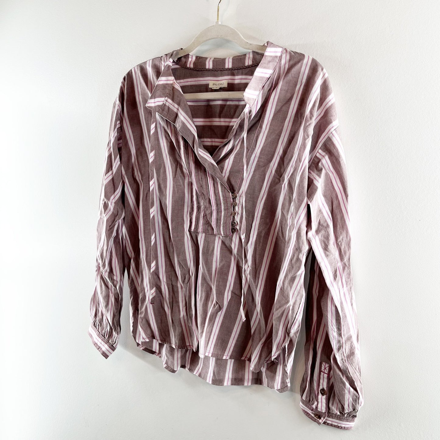 Pilcro Anthropologie Long-Sleeve Striped Popover Top Blouse Dusty Pink Small