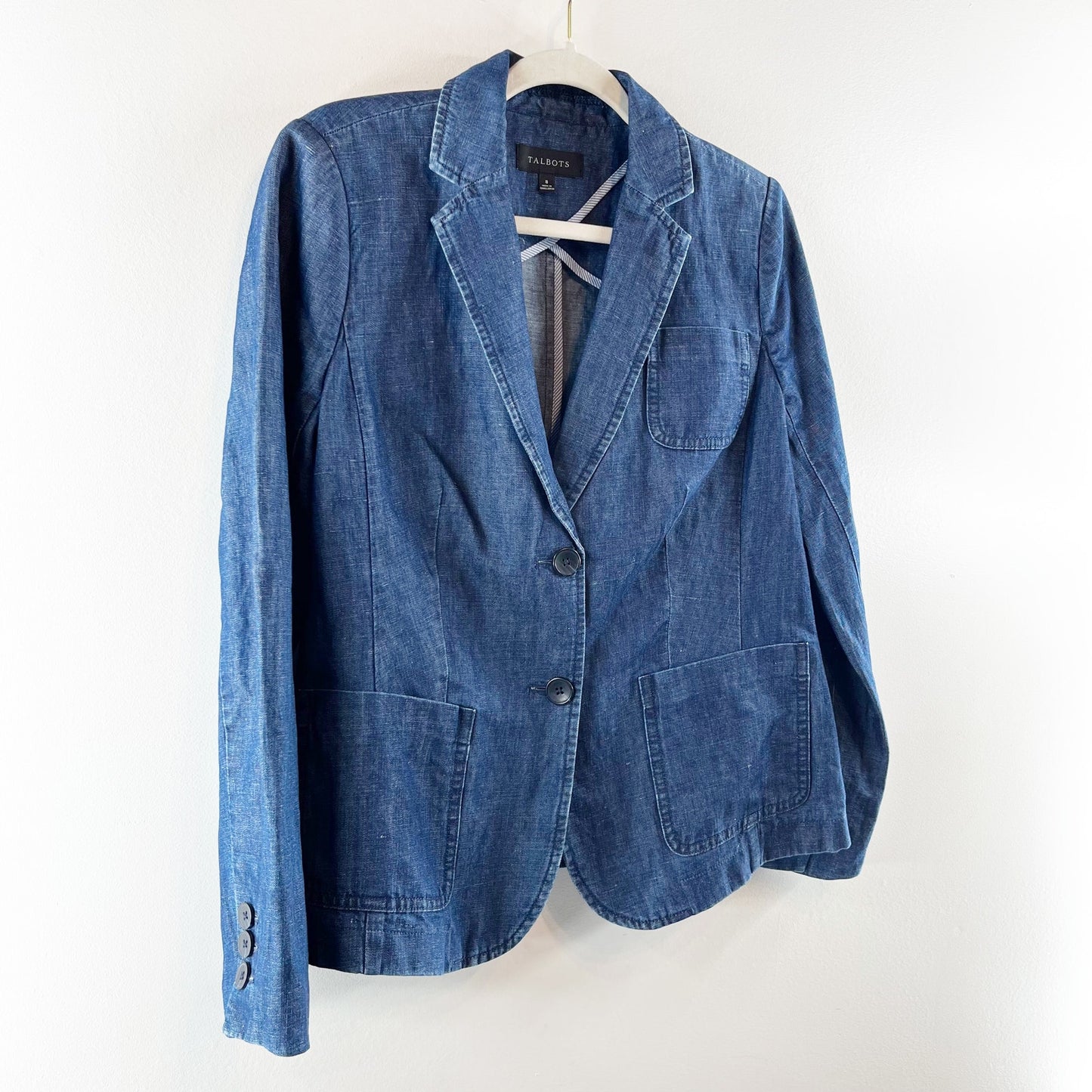 Talbots Double Button Denim Chambray Blazer Jacket Blue 8