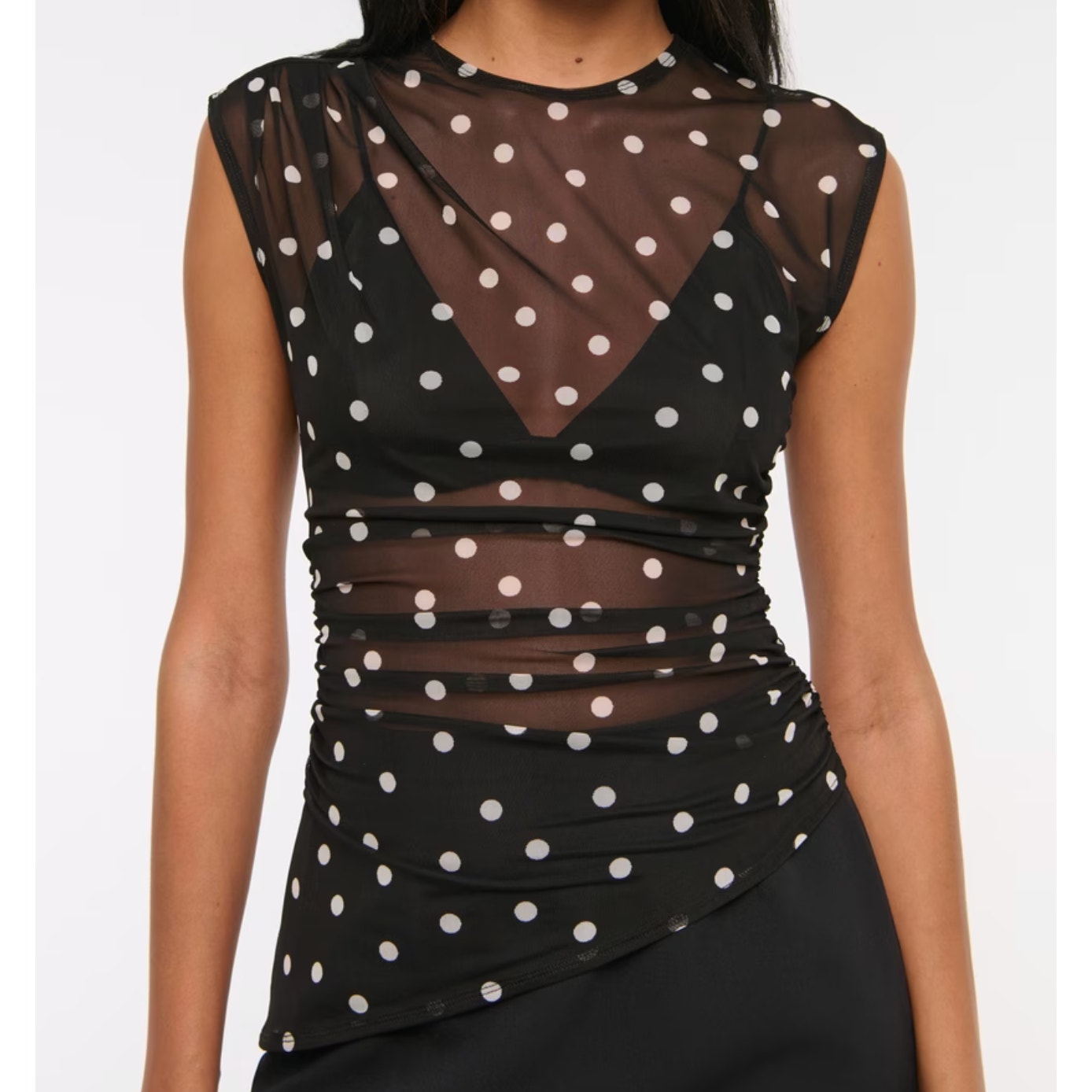 Abercrombie Sleeveless Draped Mesh Sheer Polka Dot Top Black White XS