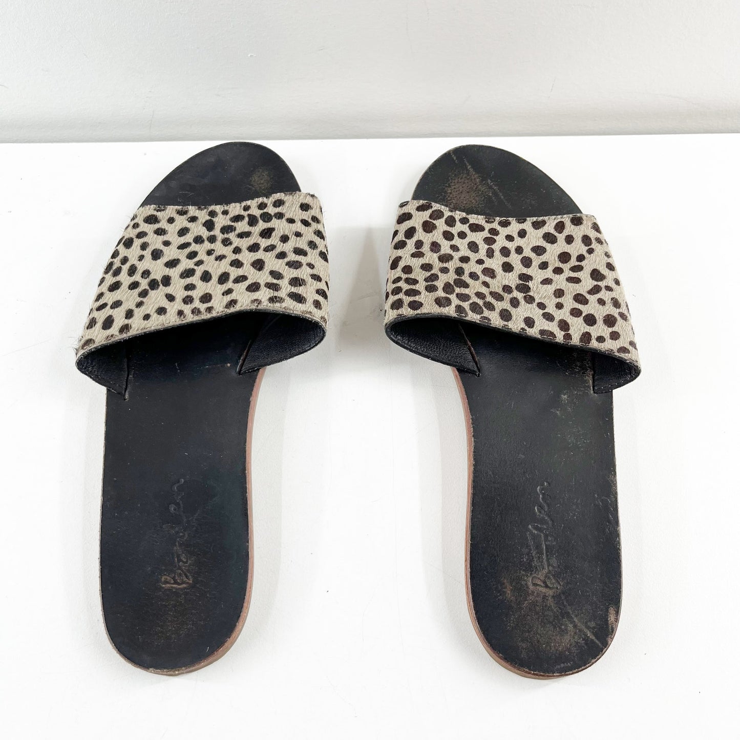 Boden Angelina Calf Hair Spotted Leapard Slide Sandals Tan Black 7.5