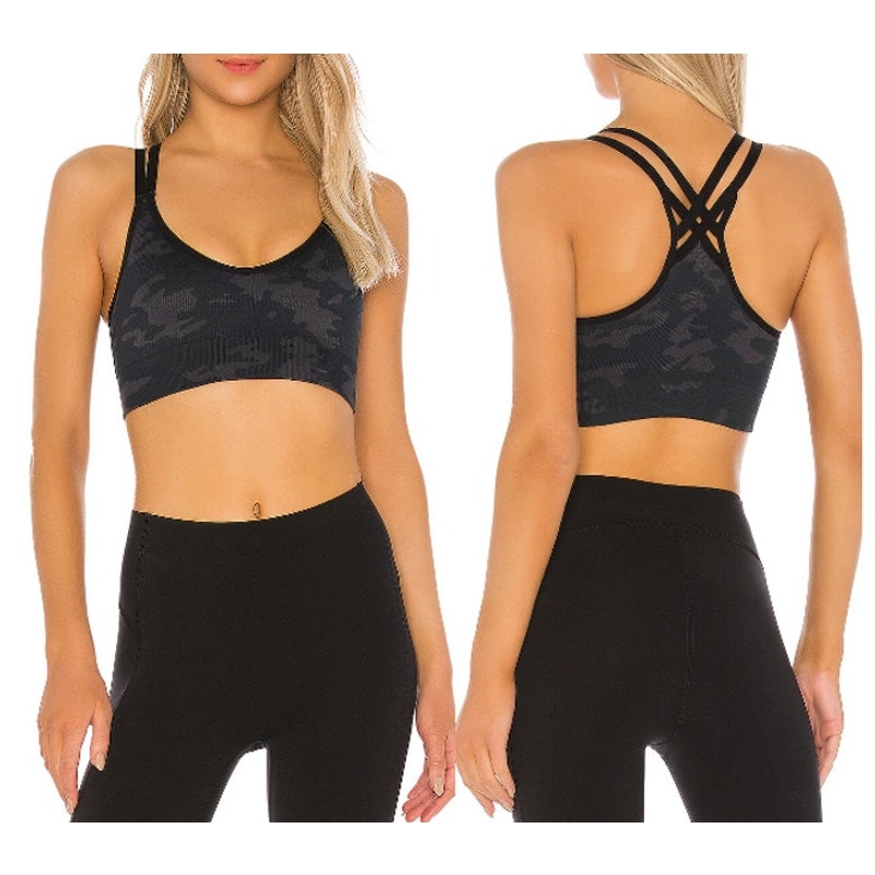 Spanx Look at Me Now Low Impact Strappy Back Active Sports Bra Black Camo Small