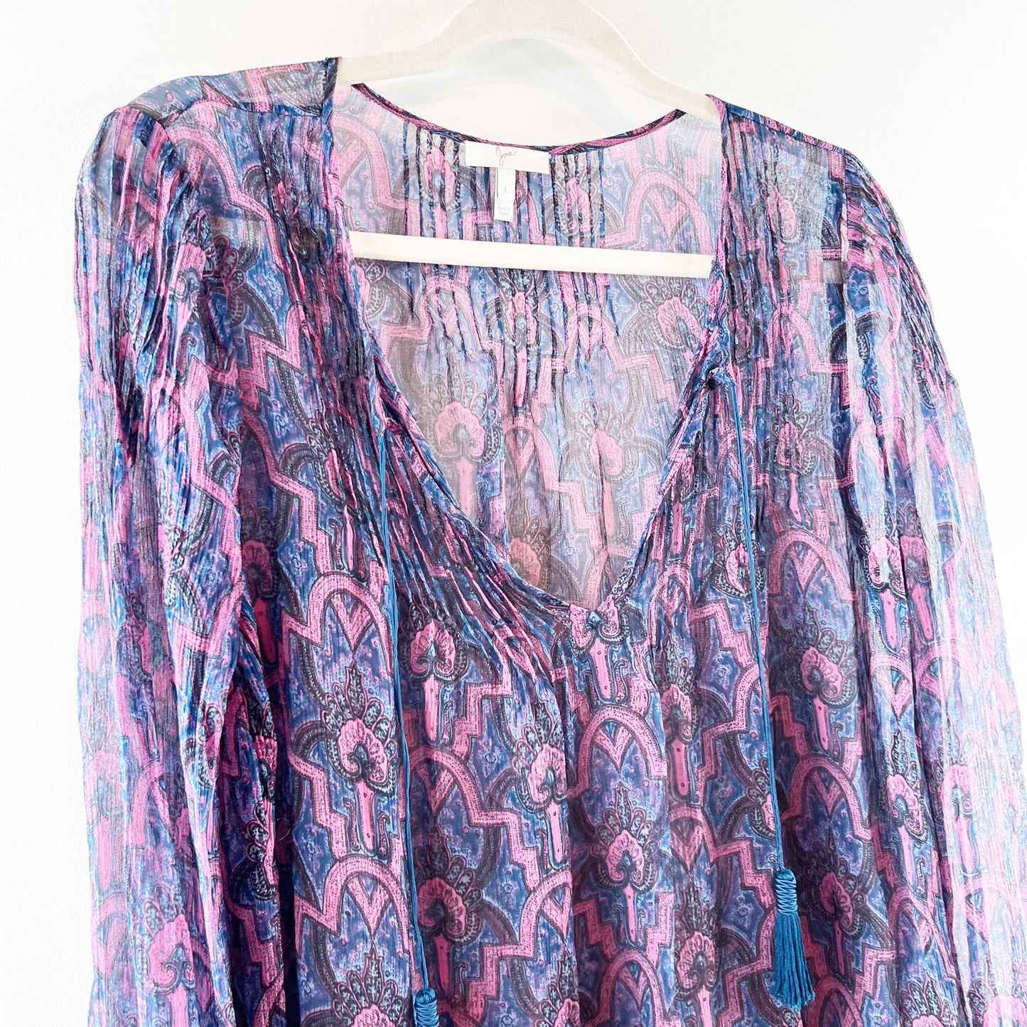 Joie Suzetta Silk V Neck Long Sleeve Sheer Aztec Print Blouse Blue Purple Large