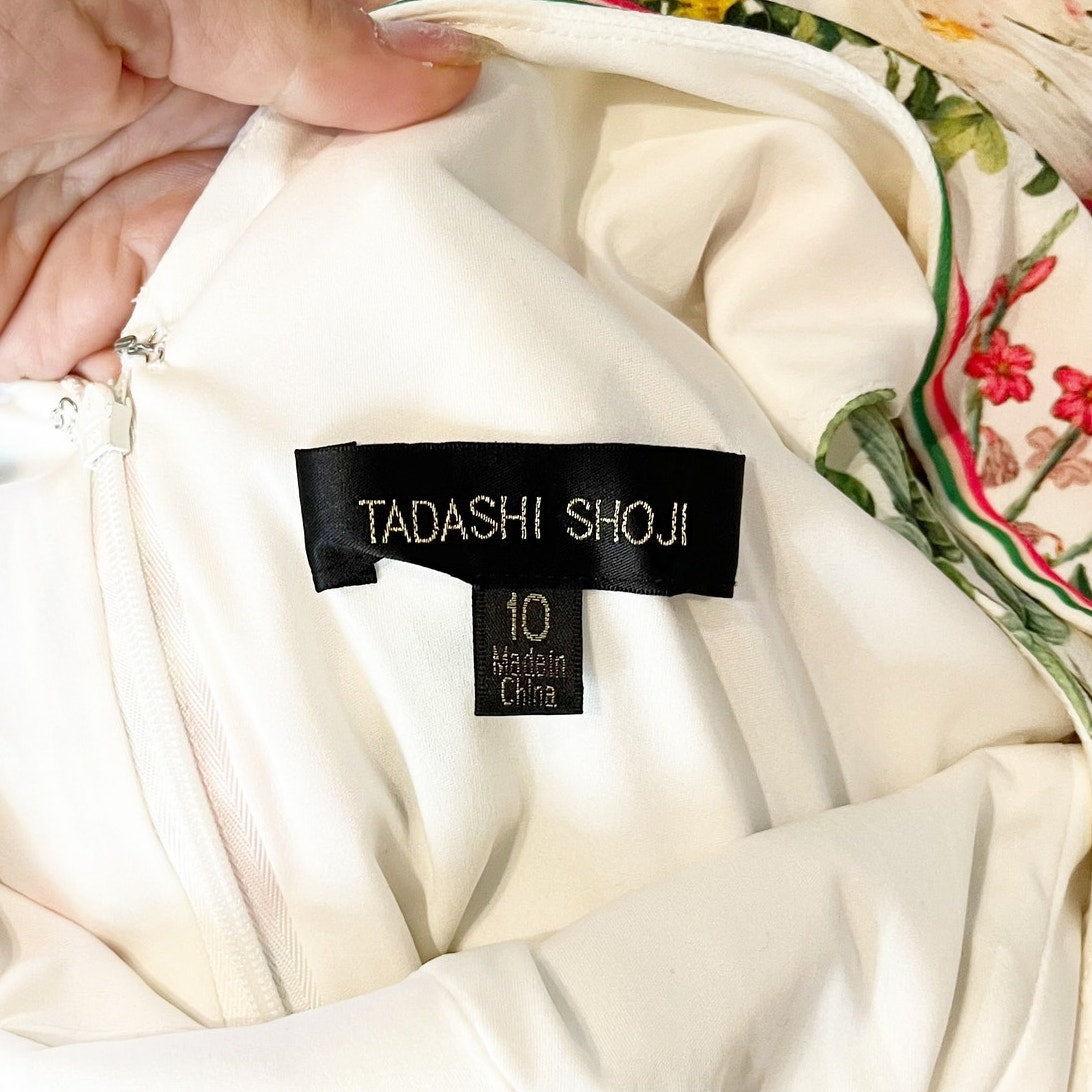 Tadashi Shoji V Neck Pleated Hem Floral Olga Dress White 10