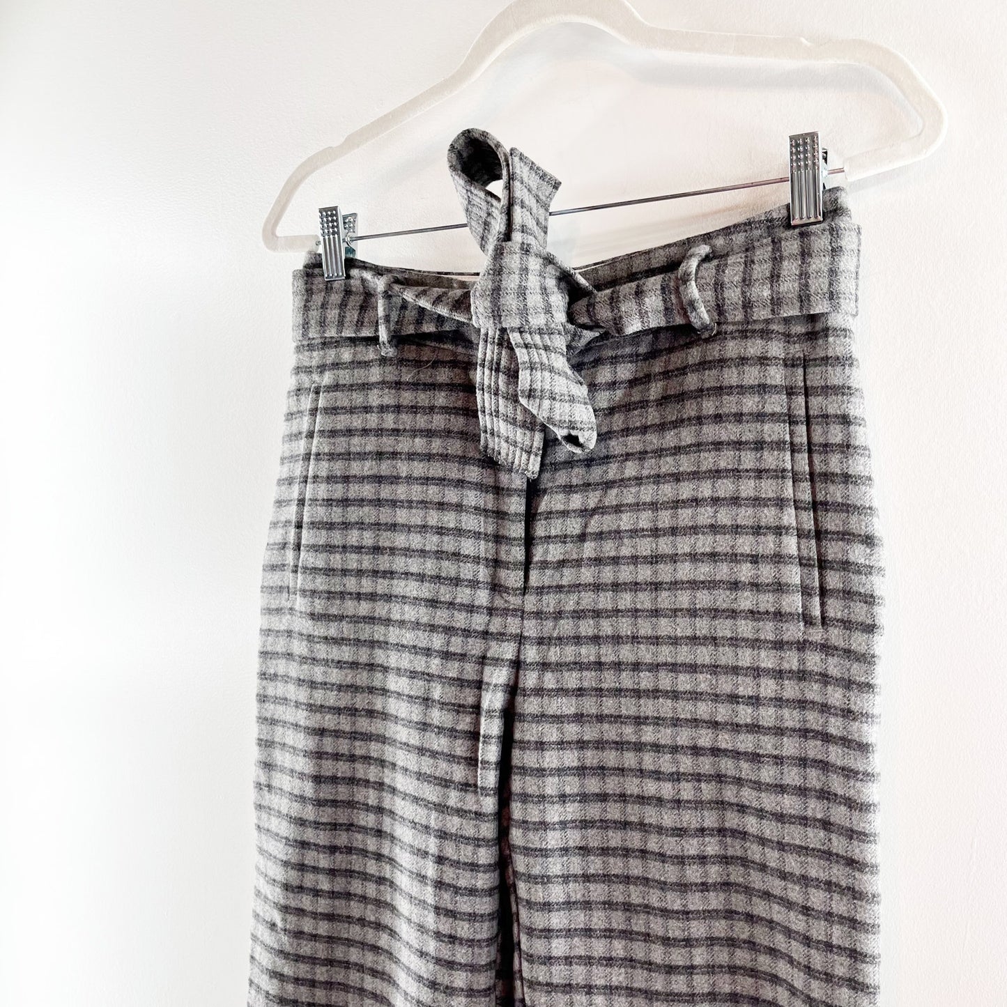 Aritzia Wilfred Wool High Rise Belted Tie Waist Plaid Check Pants Gray 6