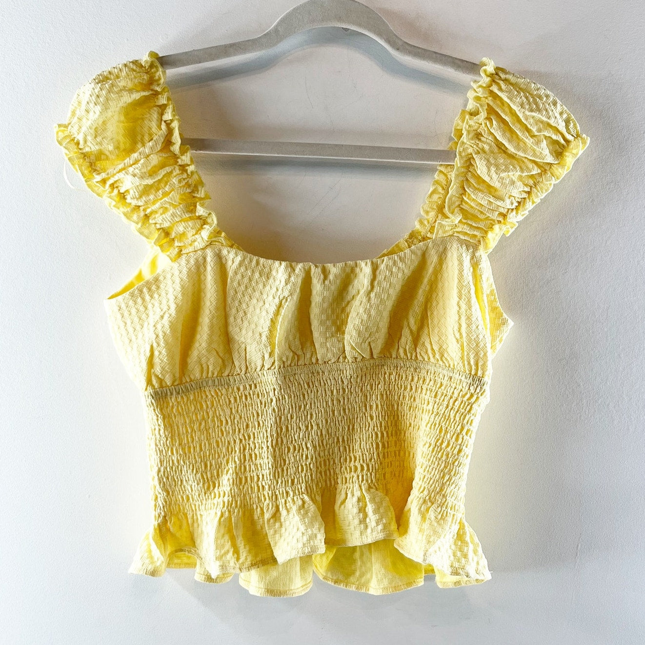 Lush Smocked Cap Sleeve Tie Front Top Blouse Butter Yellow Medium