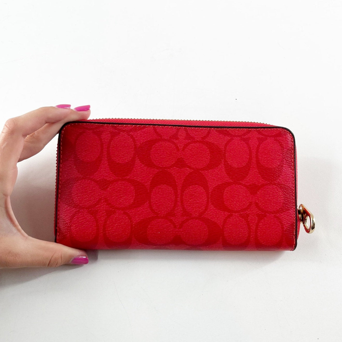 Coach Monogram Logo Zip Around Long Wallet Signature Red Leather