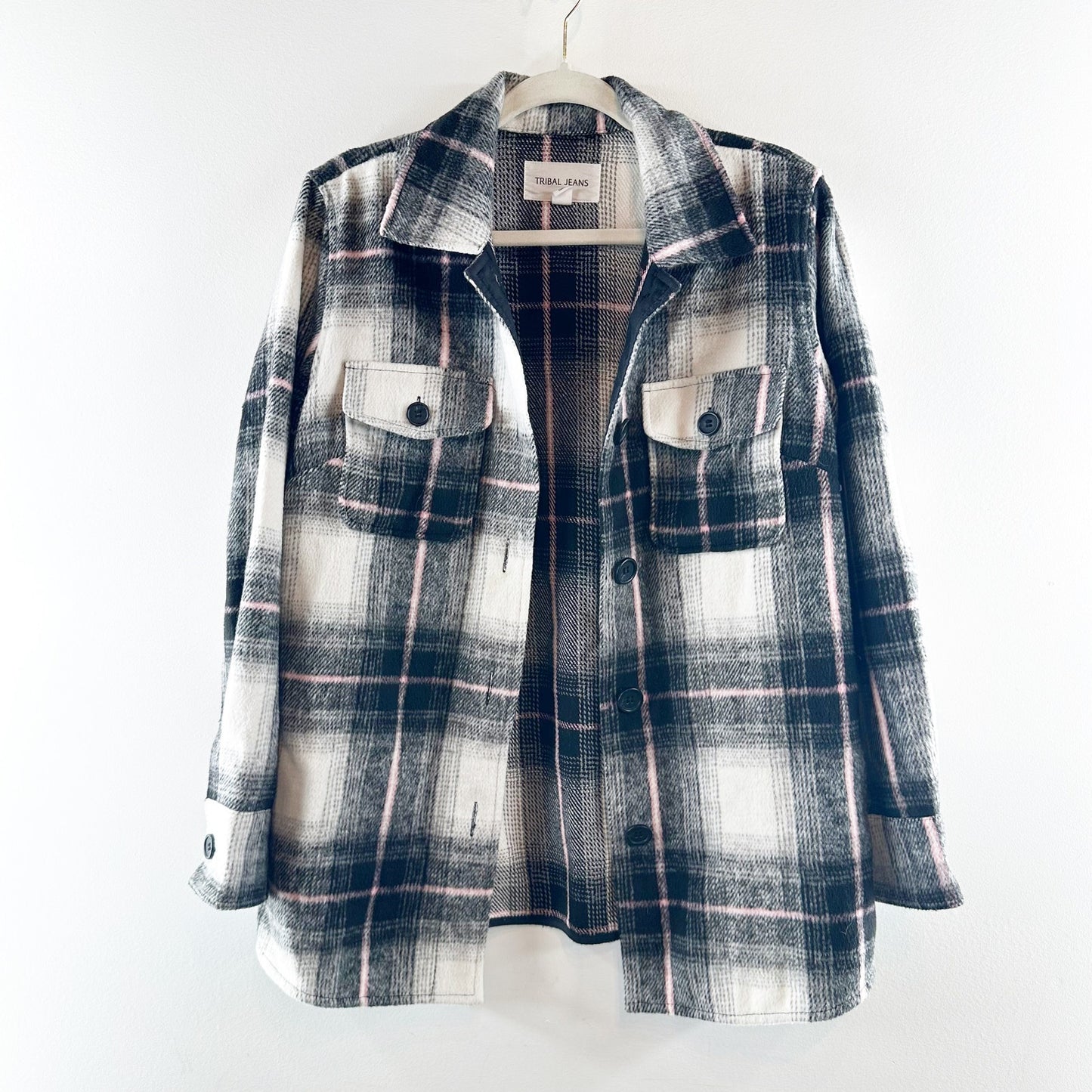 Tribal Jeans Plaid Button Up Oversized Jacket Shacket Blue Pink Small