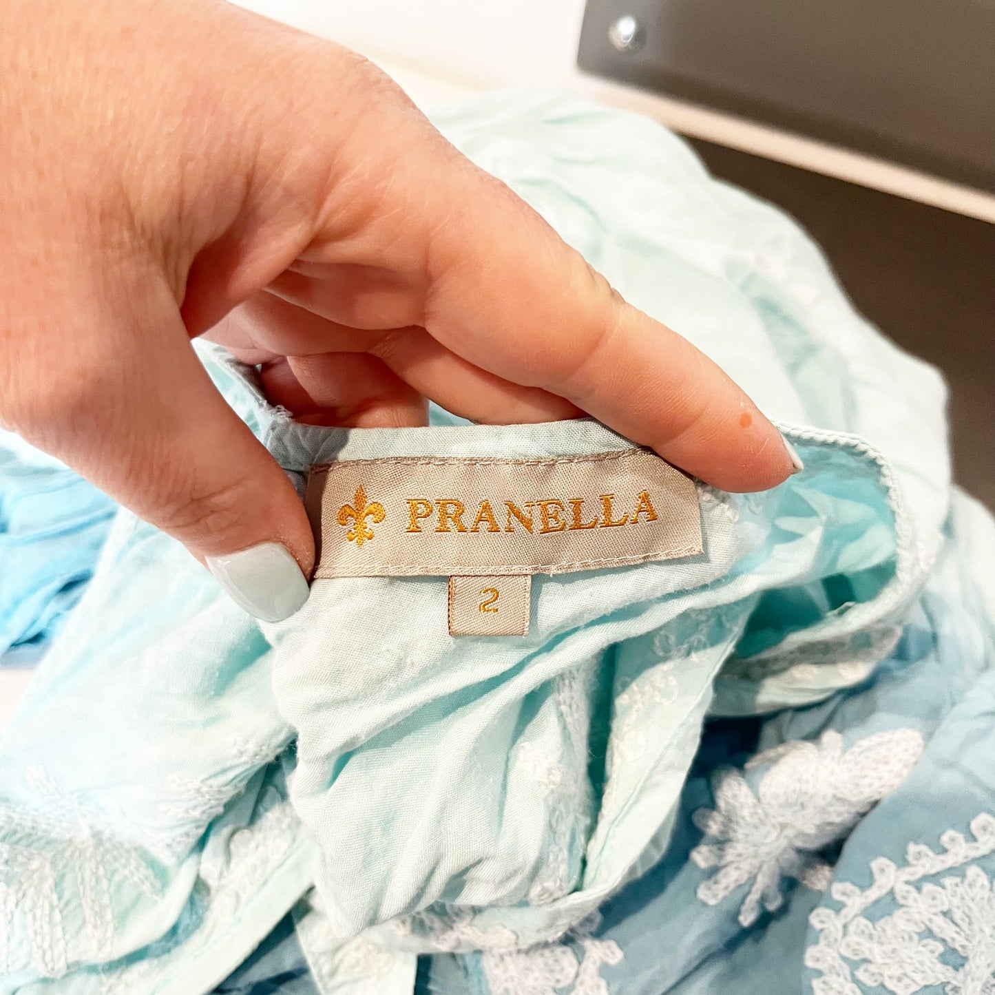 Pranella Embroidered Tie Shoulder V-Neck Ruffle Mini Sundress Ombre Blue 2