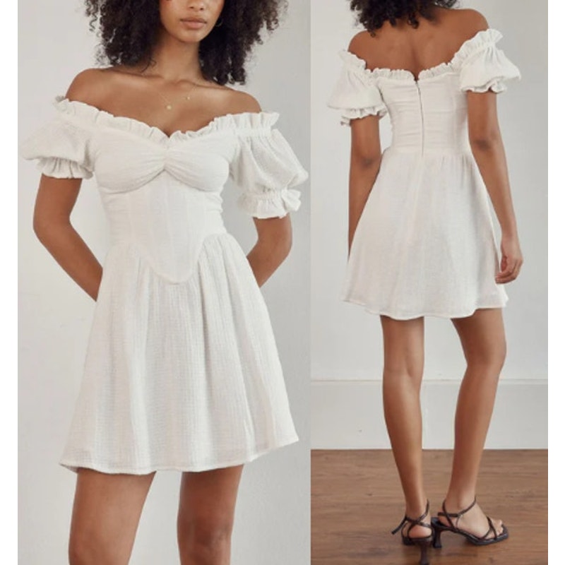 Sabo Skirt Meraki Cotton Off the Shoulder Ruffle Trim Mini Dress White XS 2