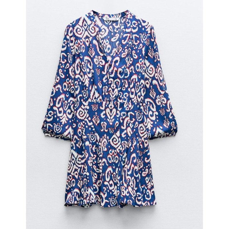 ZARA Printed V Neck Long Sleeve Mini Dress Blue White Medium