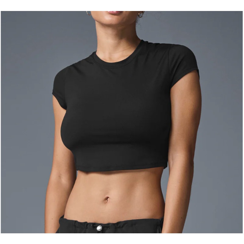 Alo Alo Alosoft Crop Finesse Short Sleeve Tee Shirt Top Black Small