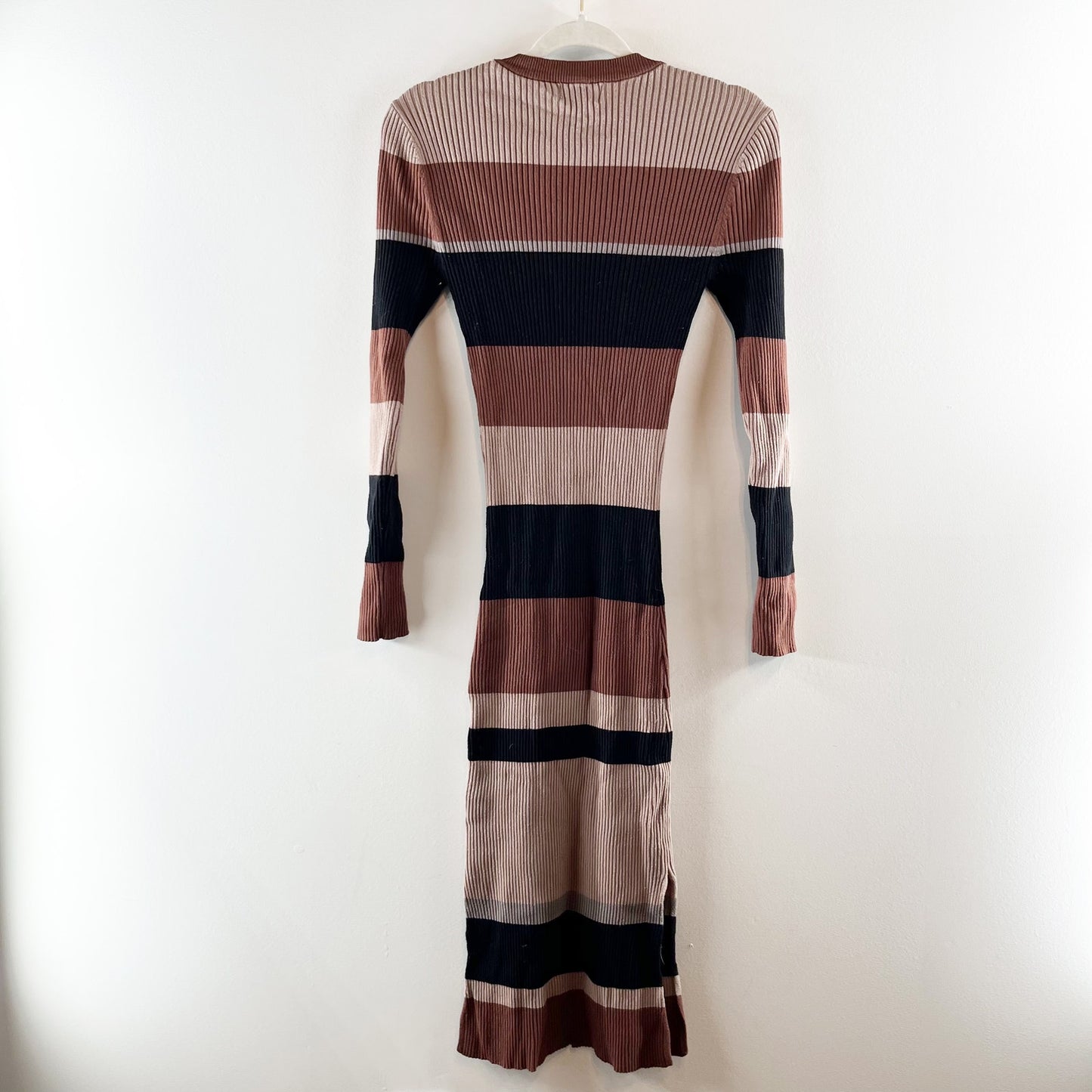 Evereve Ribbed Long Sleeve Striped Sweater Midi Dress Brown XS