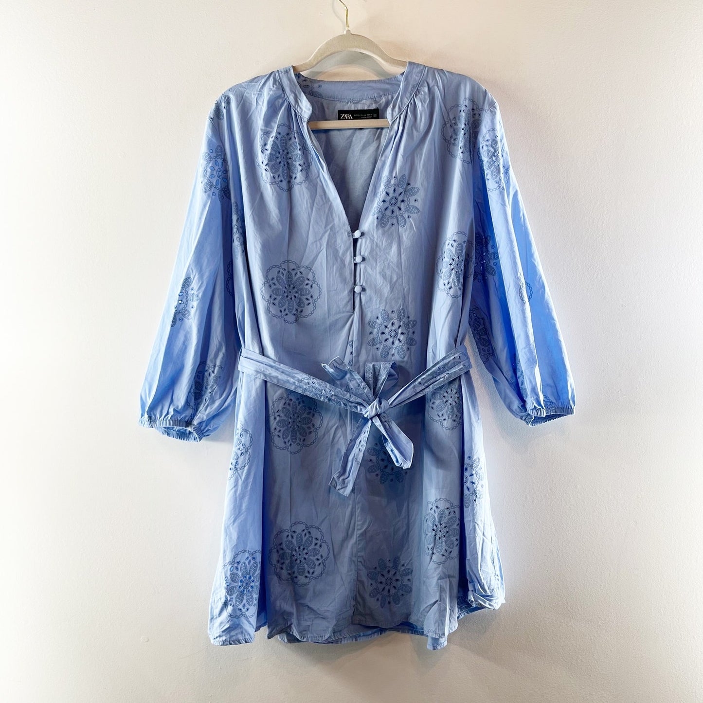 ZARA Long Sleeve Belted Poplin Embroidered Mini Dress Light Blue XXL