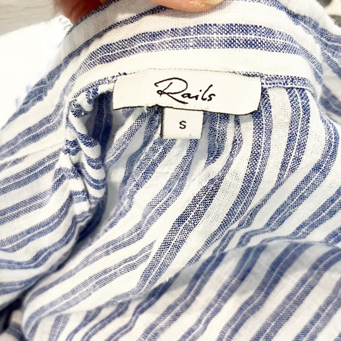 Rails Rylan Button Up Striped Linen Blend Tie Front Shirt Atlas Stripe Blue S