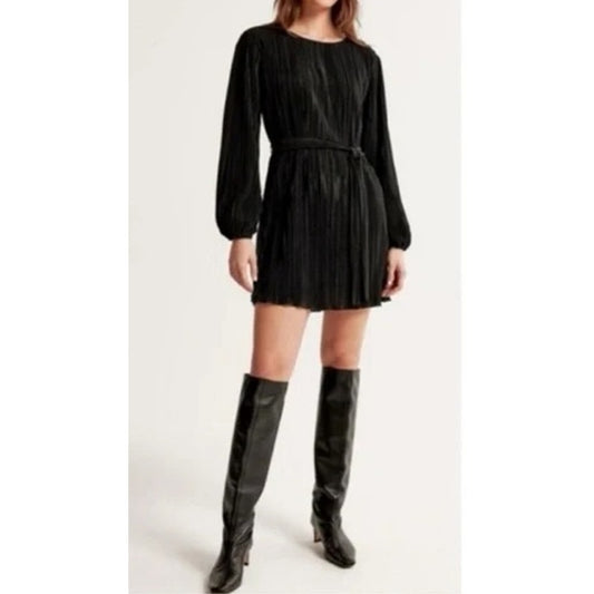 Abercrombie Satin Long Sleeve Plisse Belted Mini Dress Black Medium