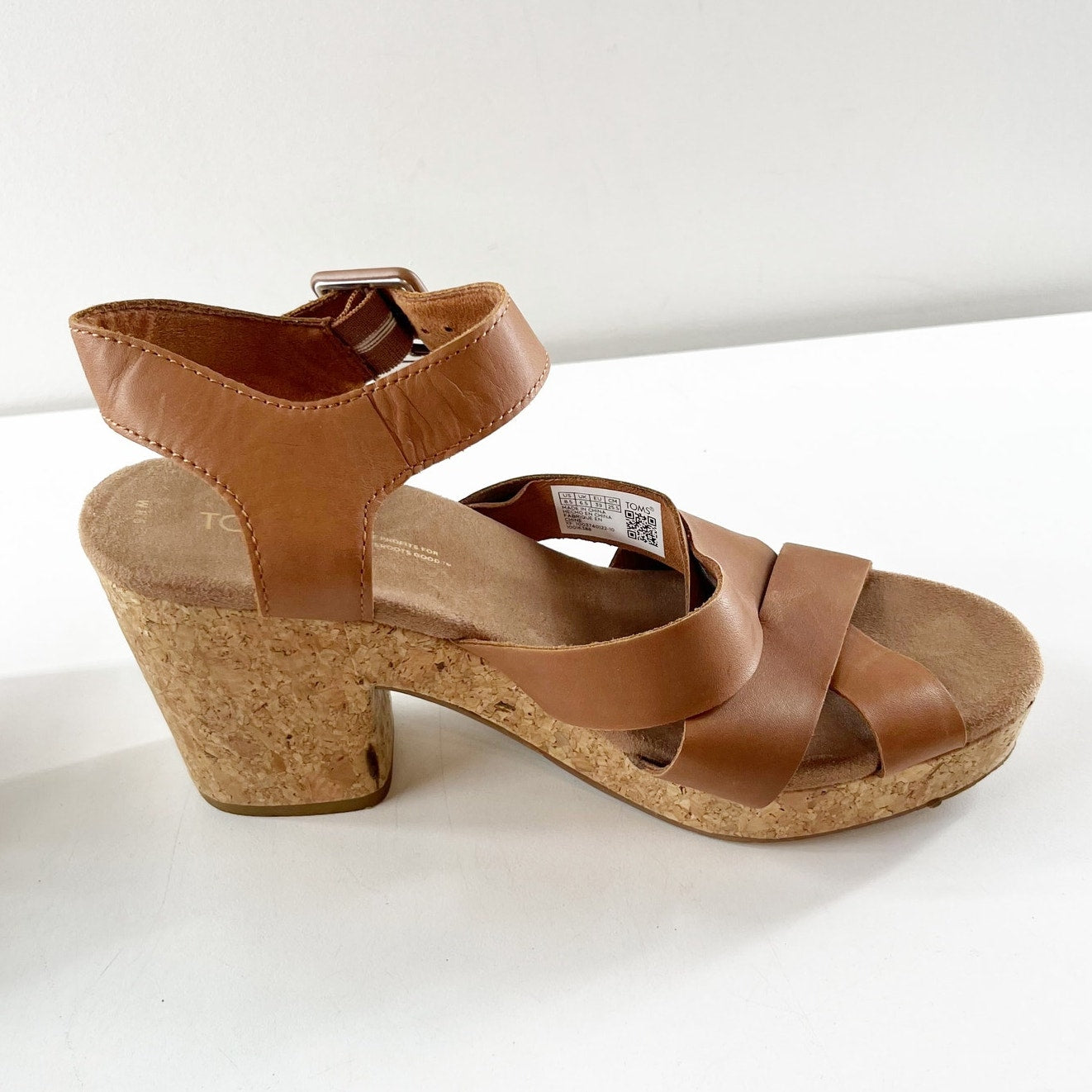 TOMS Ava Cork Block Heel Leather Sandals Brown 8.5