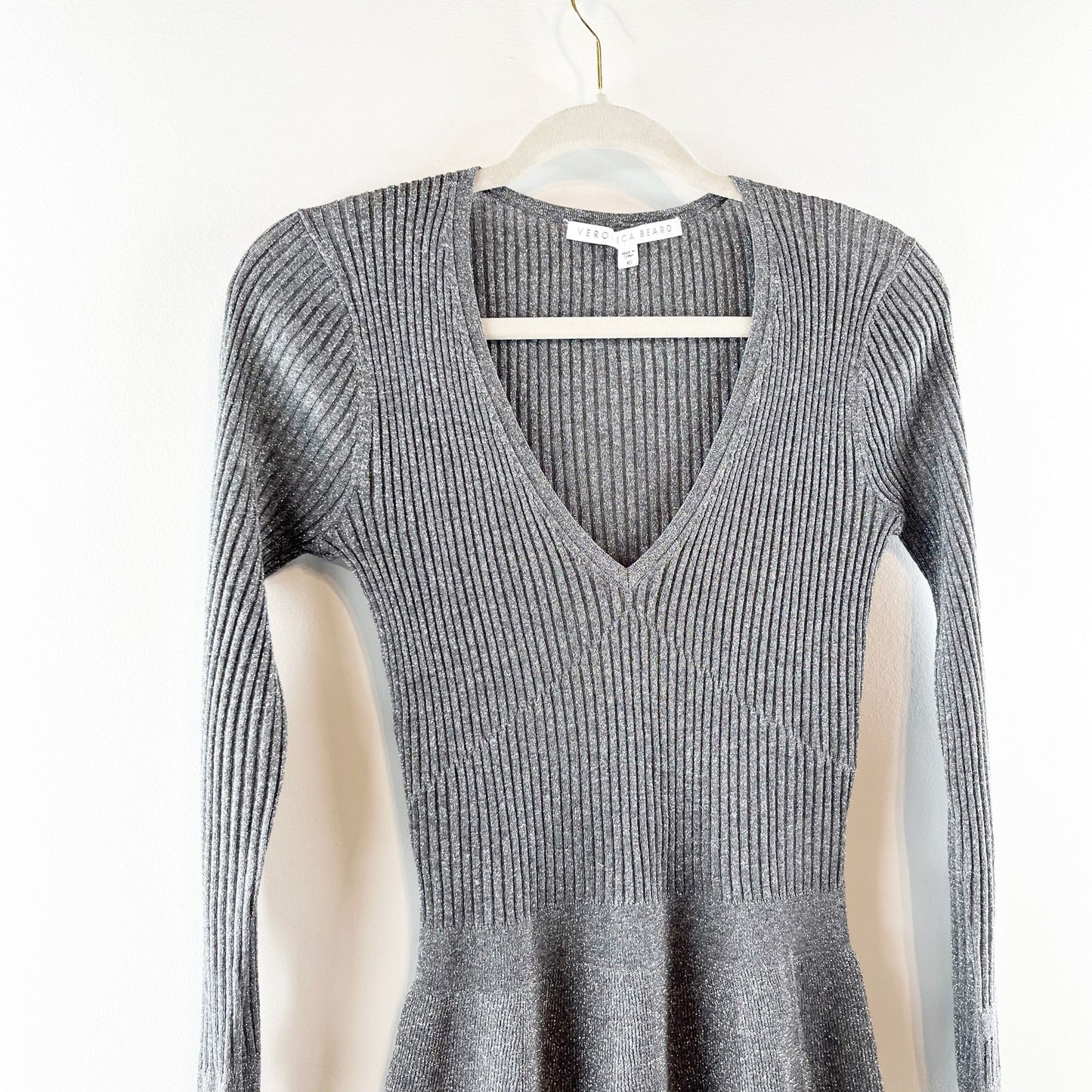 Veronica Beard Esmeralda Metallic V-Neck Ribbed Knit Peplum Sweater Gray XS