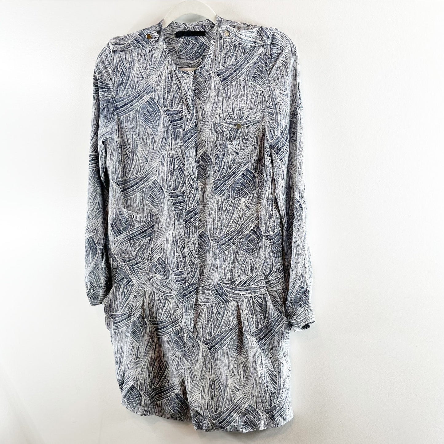 Jenni Kayne Long Sleeve Leaf Printed Silk Shorts Romper One Piece Gray XS