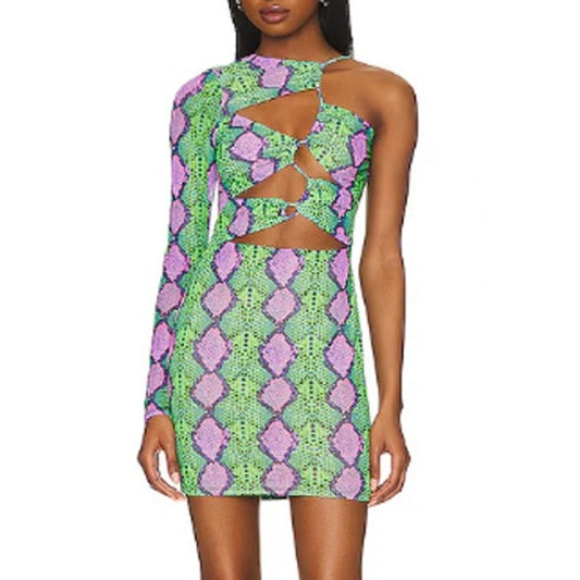 AFRM Jess One Shoulder Ruched Bodycon Mini Dress Snake Cutout Green Small