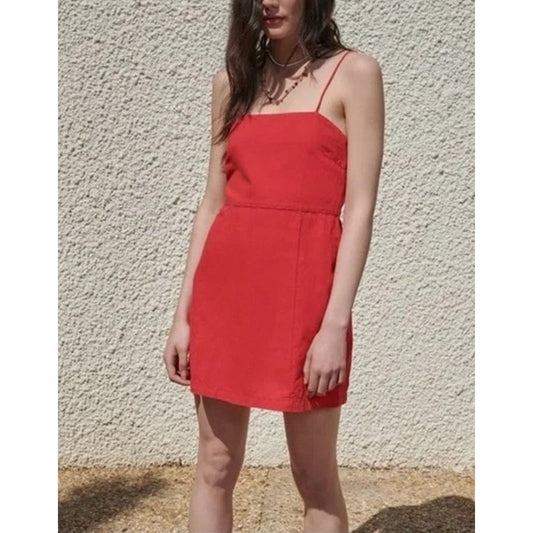 ZARA Linen Square Neck Strappy Back Mini Dress Red Medium