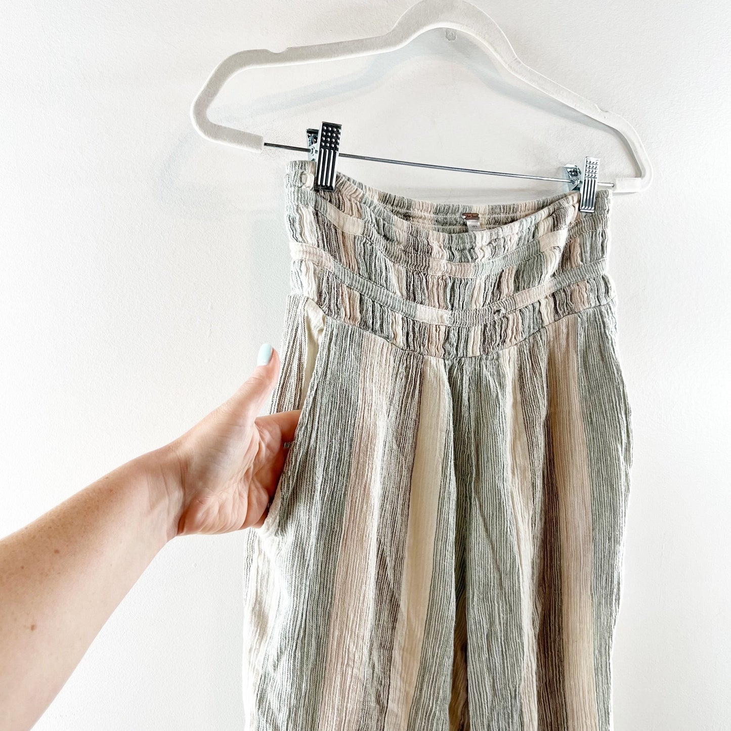 Free People Hamilton Cotton Striped Smocked High Waisted Wide Leg Pants Small