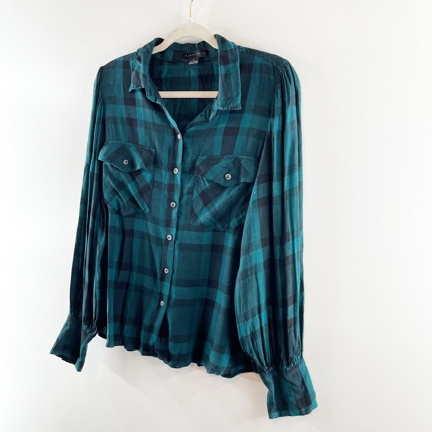 Sanctuary Fireside Boyfriend Button Down Plaid Shirt Teal Green Black Small