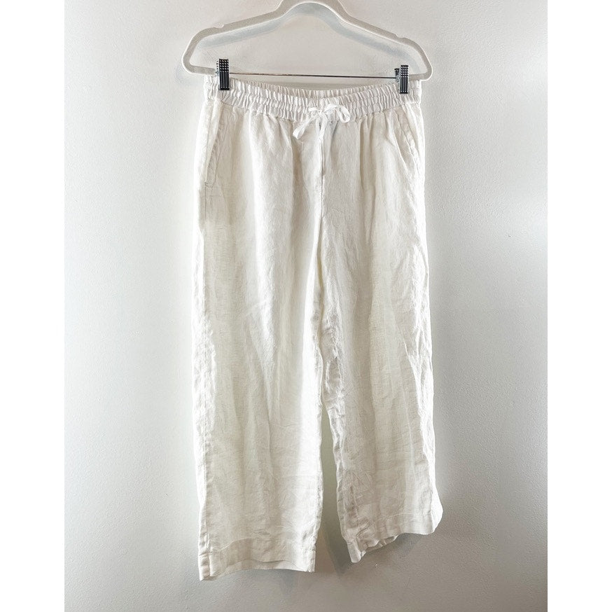 Talbots Washed 100% Linen High Rise Wide Leg Relaxed Cropped Pants White Small