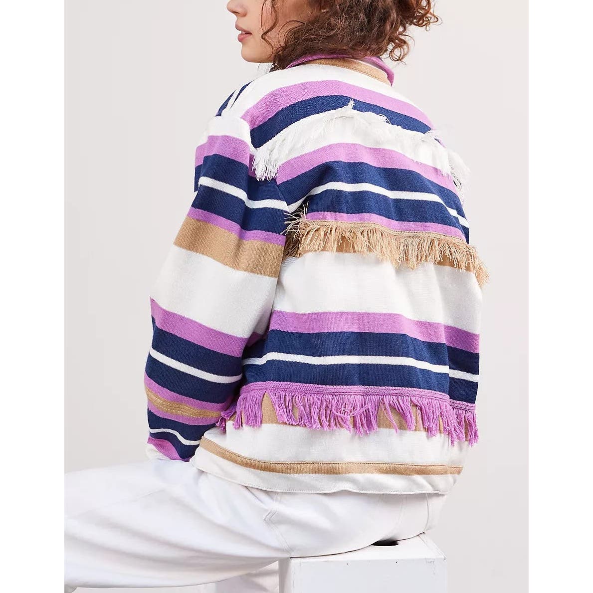 Alexandra Bueno Fringed Striped Blazer Coat Jacket Cream Pink Blue XL