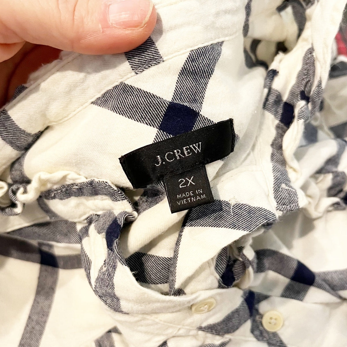 J. Crew Flannel Windowpane Long Sleeve Popover Blouse Top Ivory Navy Blue 2X
