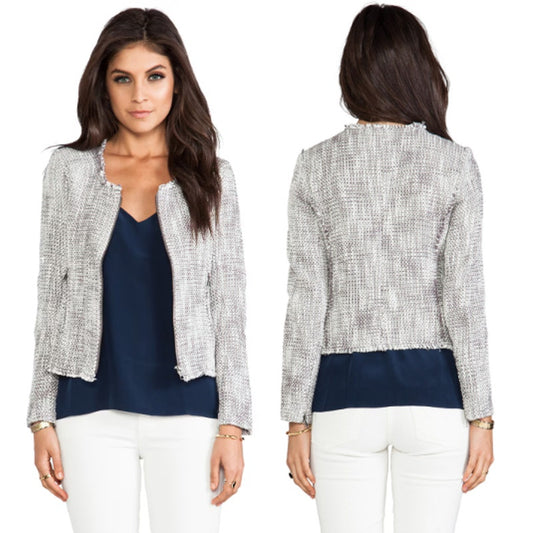 Joie Collins Long Sleeve Raw Cut Full Zip Tweed Blazer Jacket Gray/White Medium