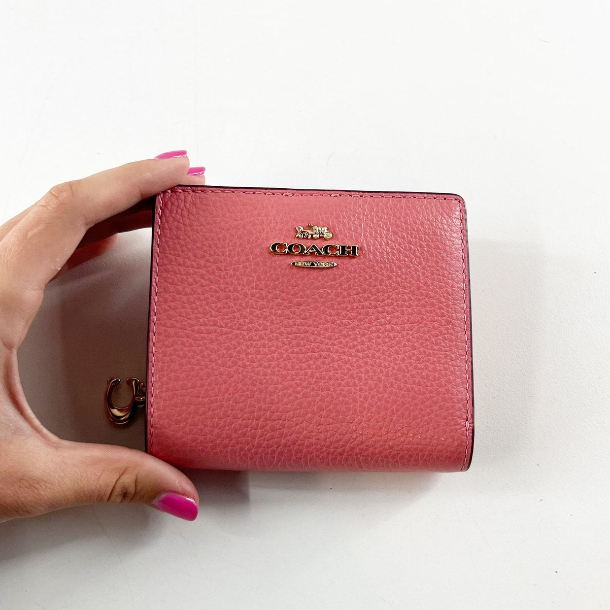 Coach Pebbled Leather Small Corner Zip Bi-Fold Wallet Pink