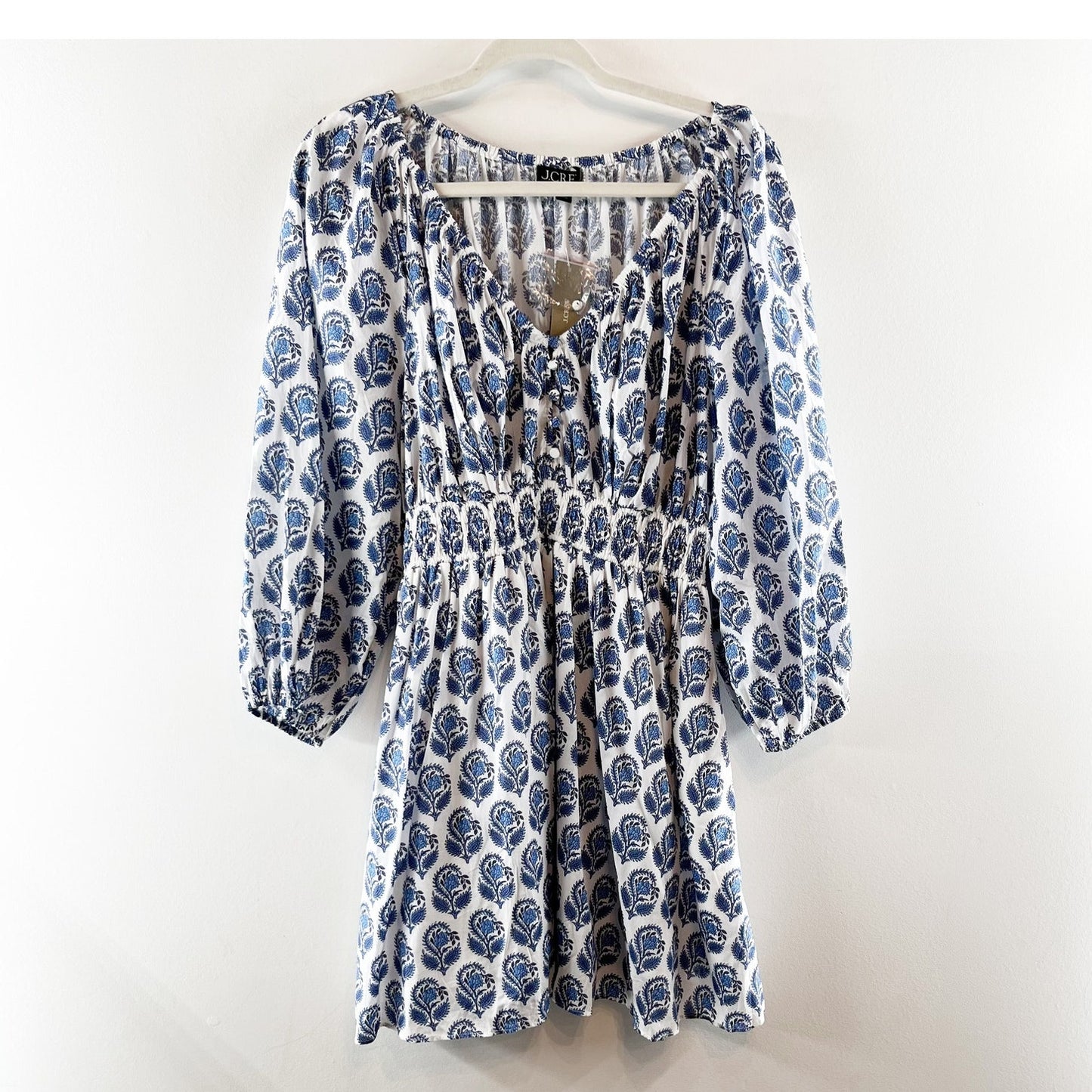 J. Crew 3/4 Sleeve Mini Cotton Dress in Bouquet Block Print Blue White Small