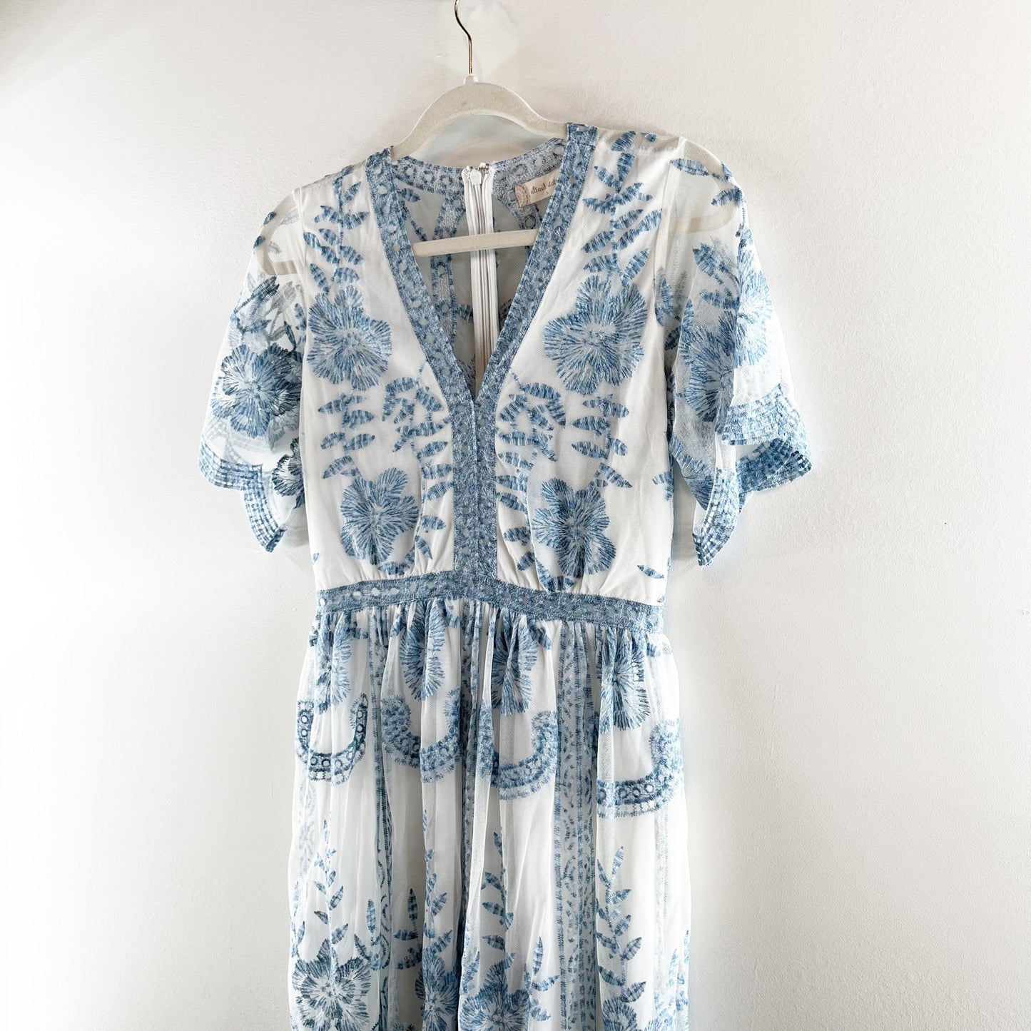 Altar'd State Short Sleeve Embroidered Sheer Boho Lace Catania Maxi Dress Blue S