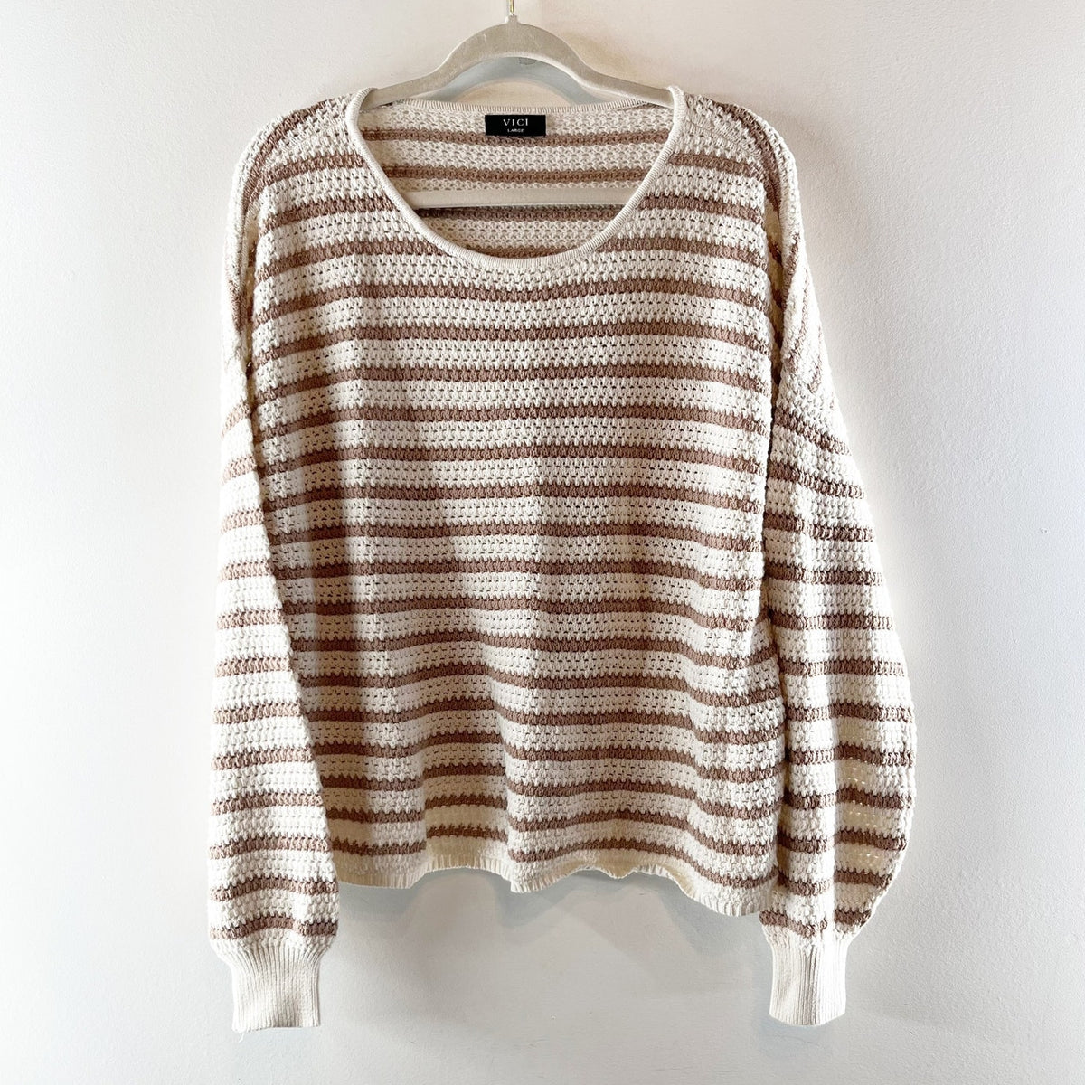 VICI Striped Long Sleeve Scoop Neck Crochet Knit Pullover Sweater Brown White L