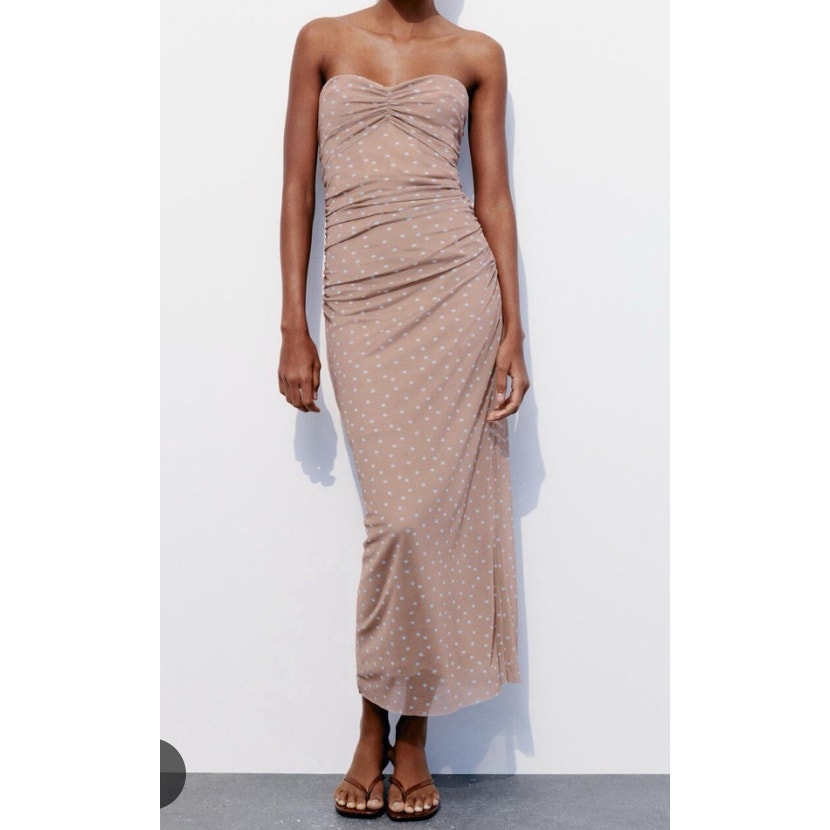 ZARA Strapless Polka Dot Tulle Ruched Slip Bodycon Maxi Dress Tan Beige Small