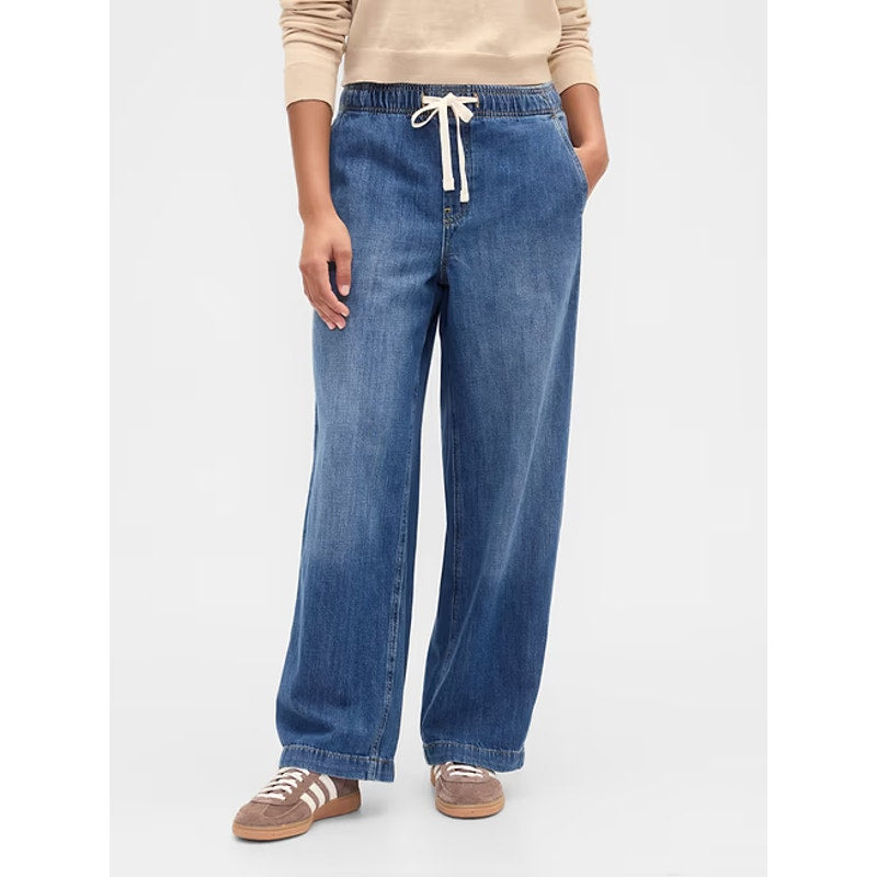 Gap Denim Pull On High Rise Easy Drawcord Wide-Leg Jeans Blue M Short