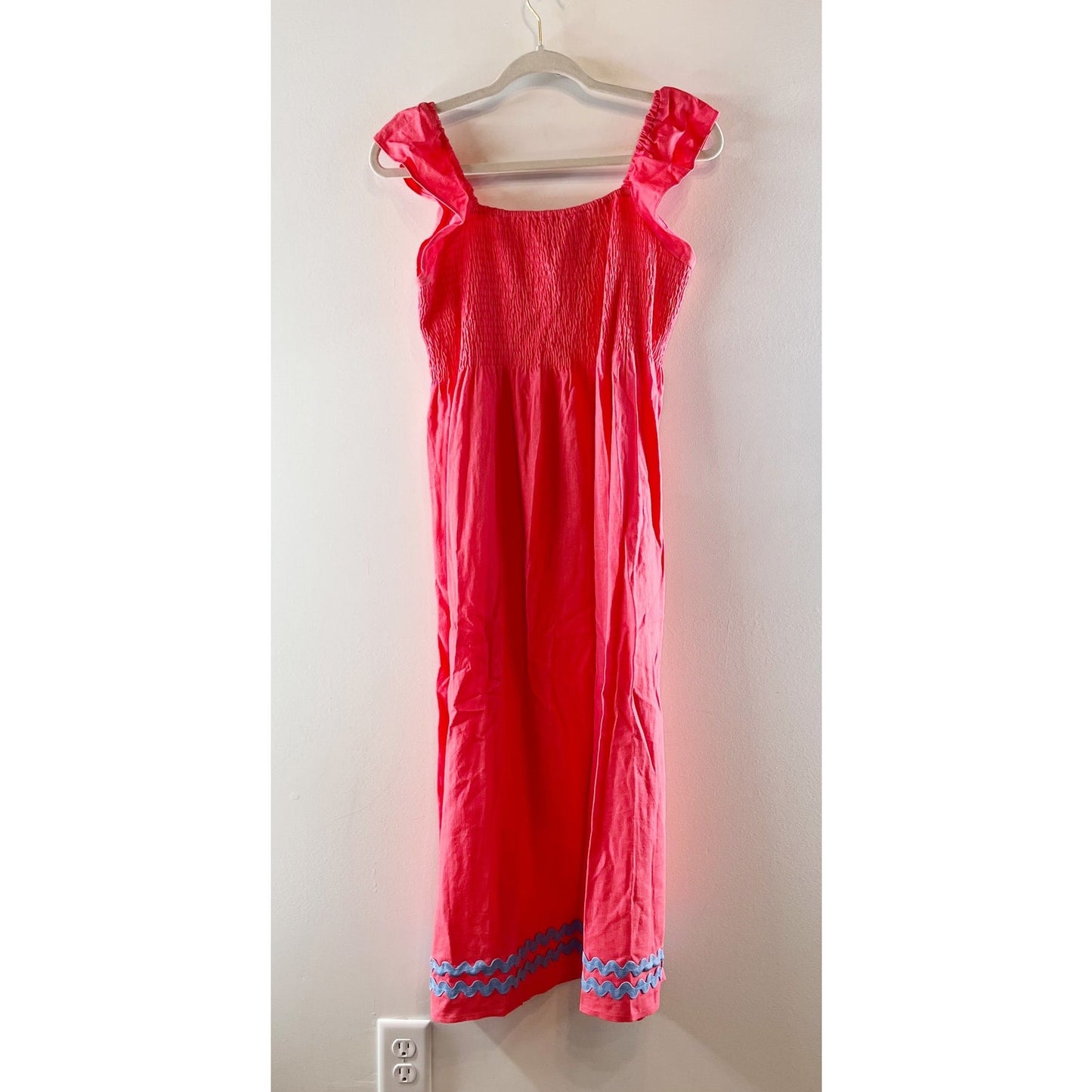 Sail to Sable Square Neck Flutter Sleeve Linen Blend Midi Dress Coral Pink M