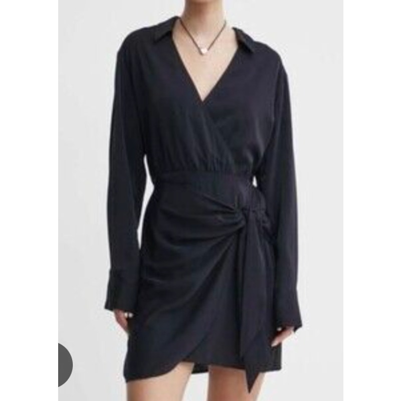 Abercrombie Long Sleeve V Neck Collared Wrap Mini Shirt Dress Black Medium