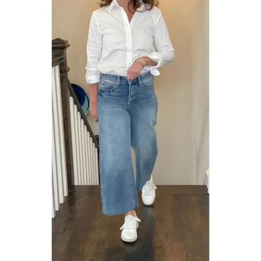 Oat New York High Rise Wide Leg Raw Hem Jeans Denim Blue 10 / 30